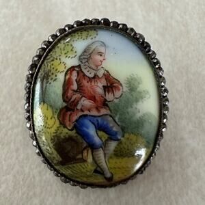 Antique Georgian 1700s cut steel porcelain portrait mother of pearl pin brooch